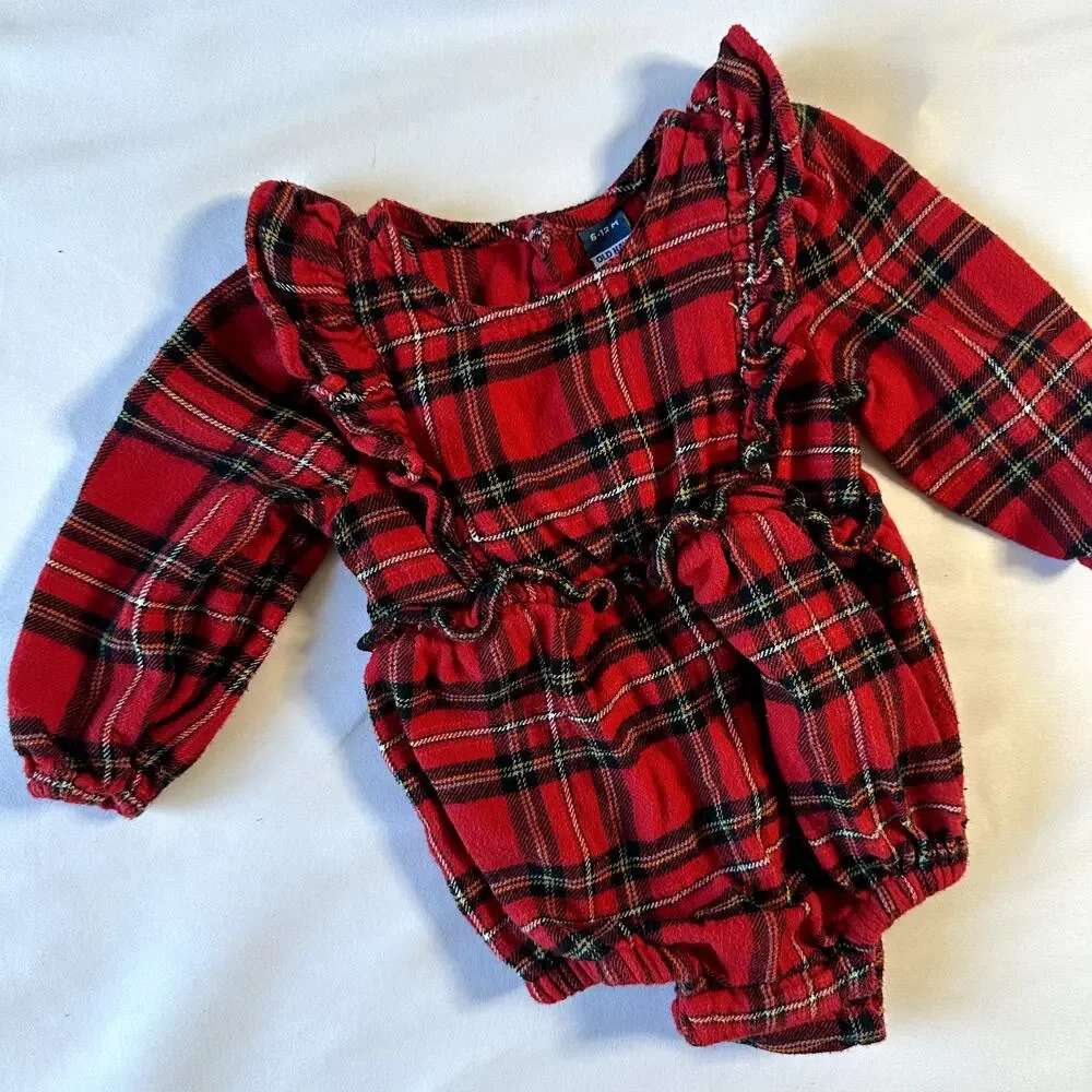 Old Navy Long-Sleeve Ruffle-Trim Plaid One-Piece Romper Sz 6-12 mo